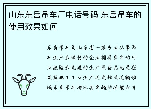 山东东岳吊车厂电话号码 东岳吊车的使用效果如何